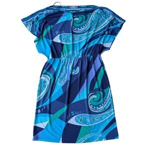 Jennifer Lopez Blue Green Paisley Boat Neck Mini Dress Elastic Waist Womens‎ M